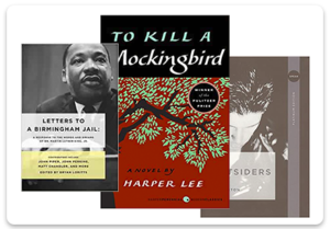 Book covers including To Kill a Mockingbird, Letters from a Birmingham Jail, and The Outsiders