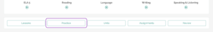 An ELA Course dashboard, "Practice" button circled
